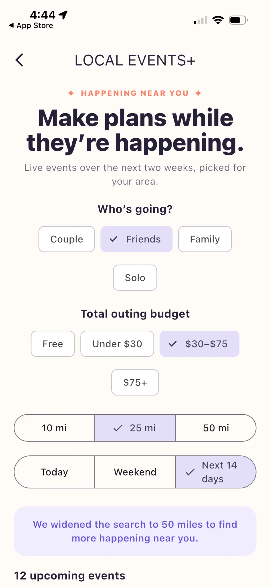 Decide For Us Local Events Plus screen with group, budget, distance, and date filters