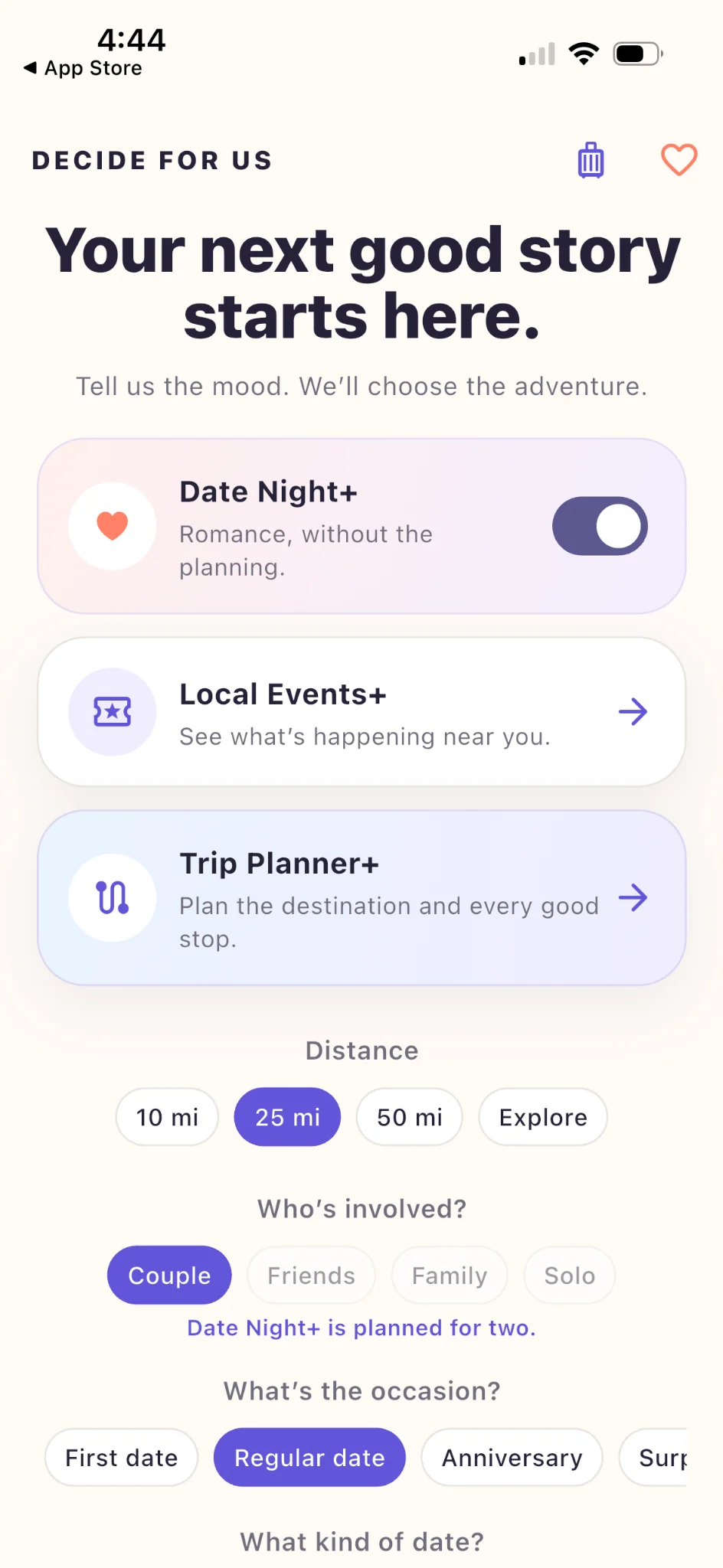 Decide For Us screen showing Date Night Plus, Local Events Plus, and Trip Planner Plus