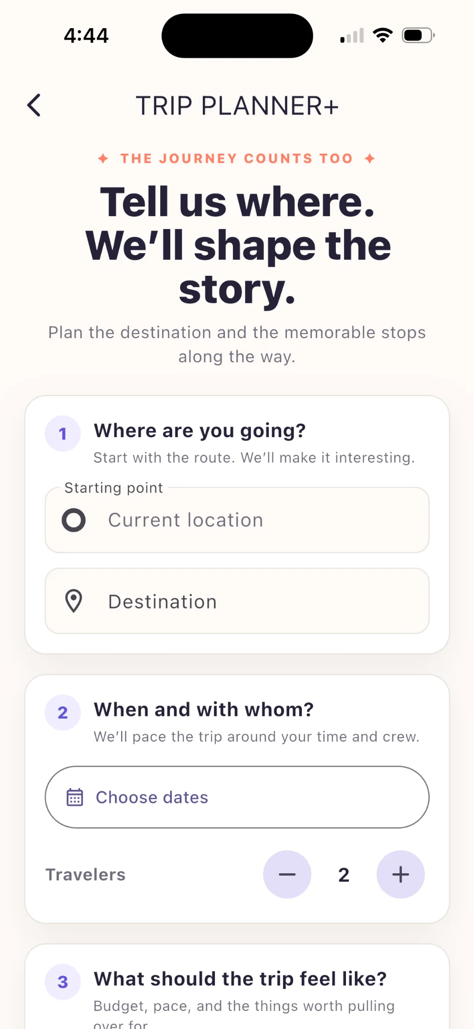 Decide For Us Trip Planner Plus screen for destination, dates, travelers, budget, and trip preferences