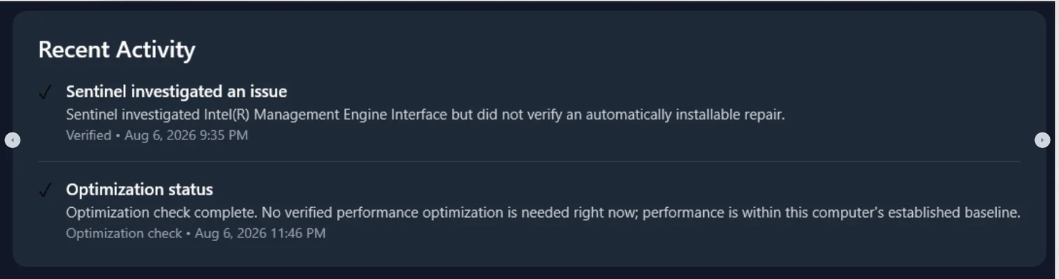 Sentinel AI Recent Activity showing an investigated issue and optimization status