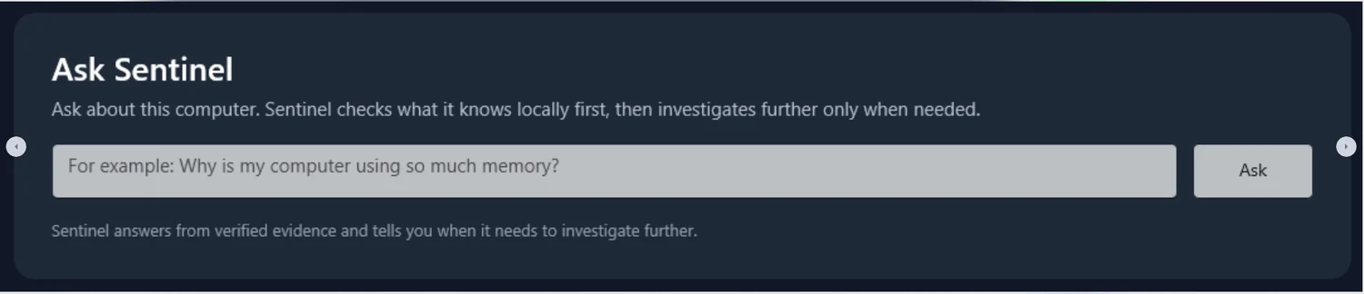 Ask Sentinel interface for asking questions about a Windows computer using verified evidence
