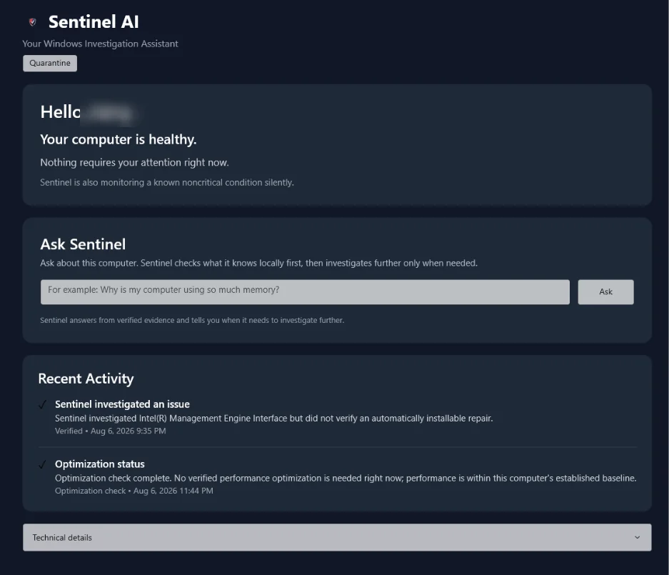 Sentinel AI dashboard with computer health, Ask Sentinel, and Recent Activity