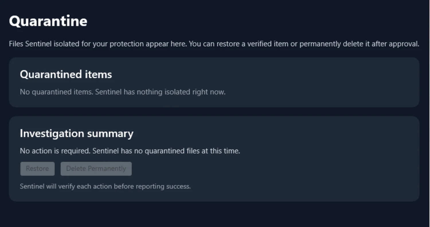 Sentinel AI Quarantine screen with quarantined items and investigation summary